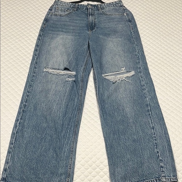 Simple Society Denim - Blue Flare Wide Leg Jeans with Distressed Knees